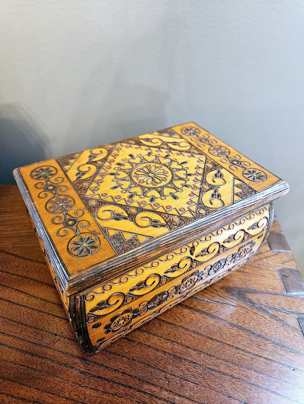 Hand Carved Smoked Wood Trinket Box 7"x5"x5" Wooden Rustic Boho Decor